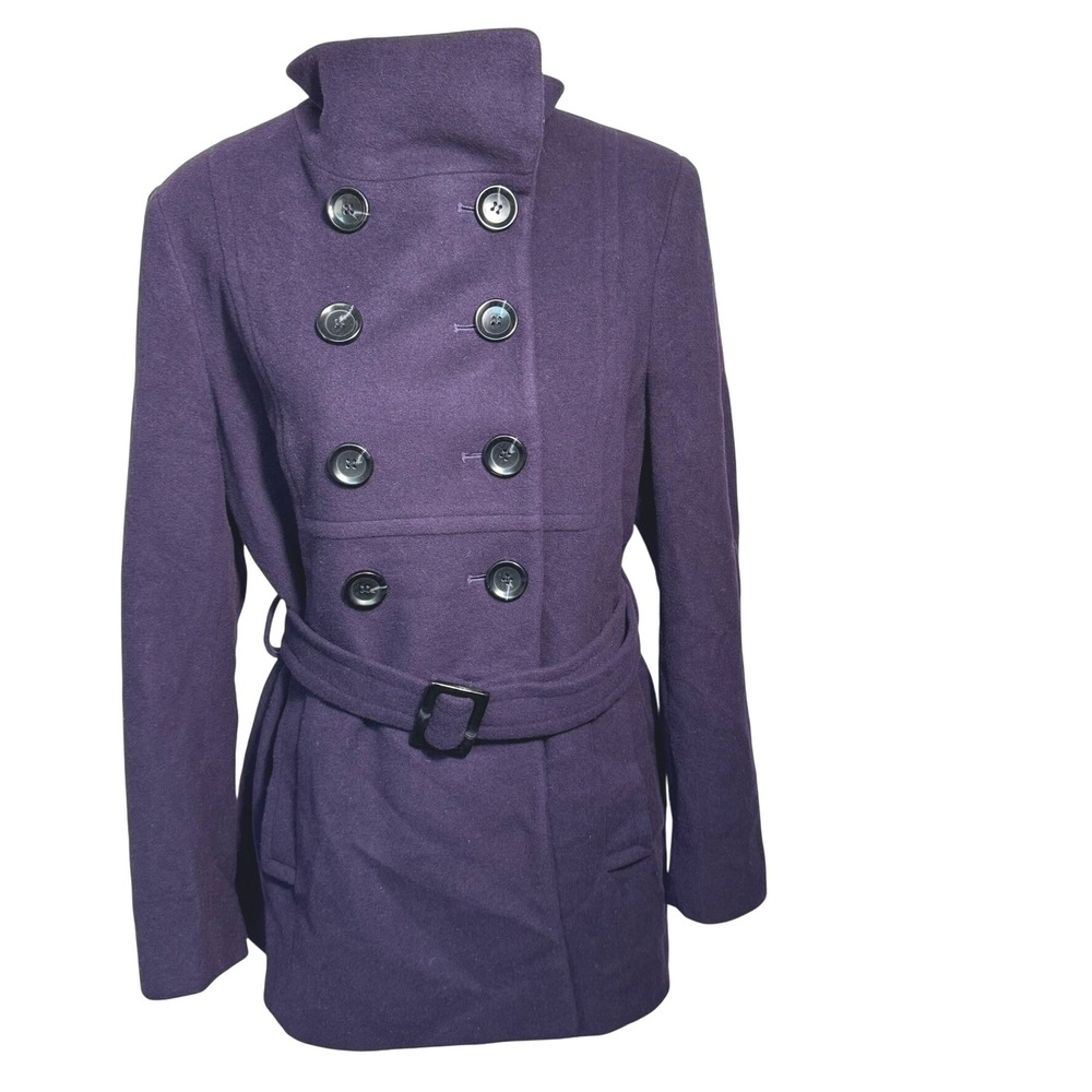 ANNE KLEIN Women's Large Purple Wool Double Breasted Pea Coat Belted Pockets‎